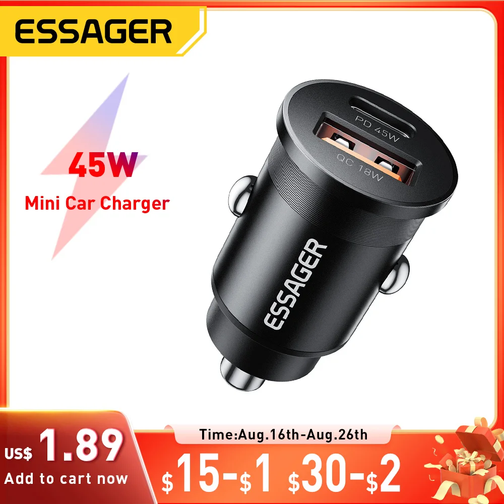 Essager 45w carregador de carro qc 3.0 para huawei xiaomi carga rápida scp samsung afc carga rápida pd 3.0 tipo c carga do telefone portátil
