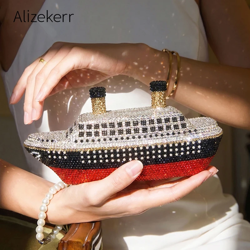 

Alizekerr Steamship Shape Rhinestone Evening Bag Women Gorgeous Diamond Metallic Clutch Purse And Handbag Wedding Party Prom