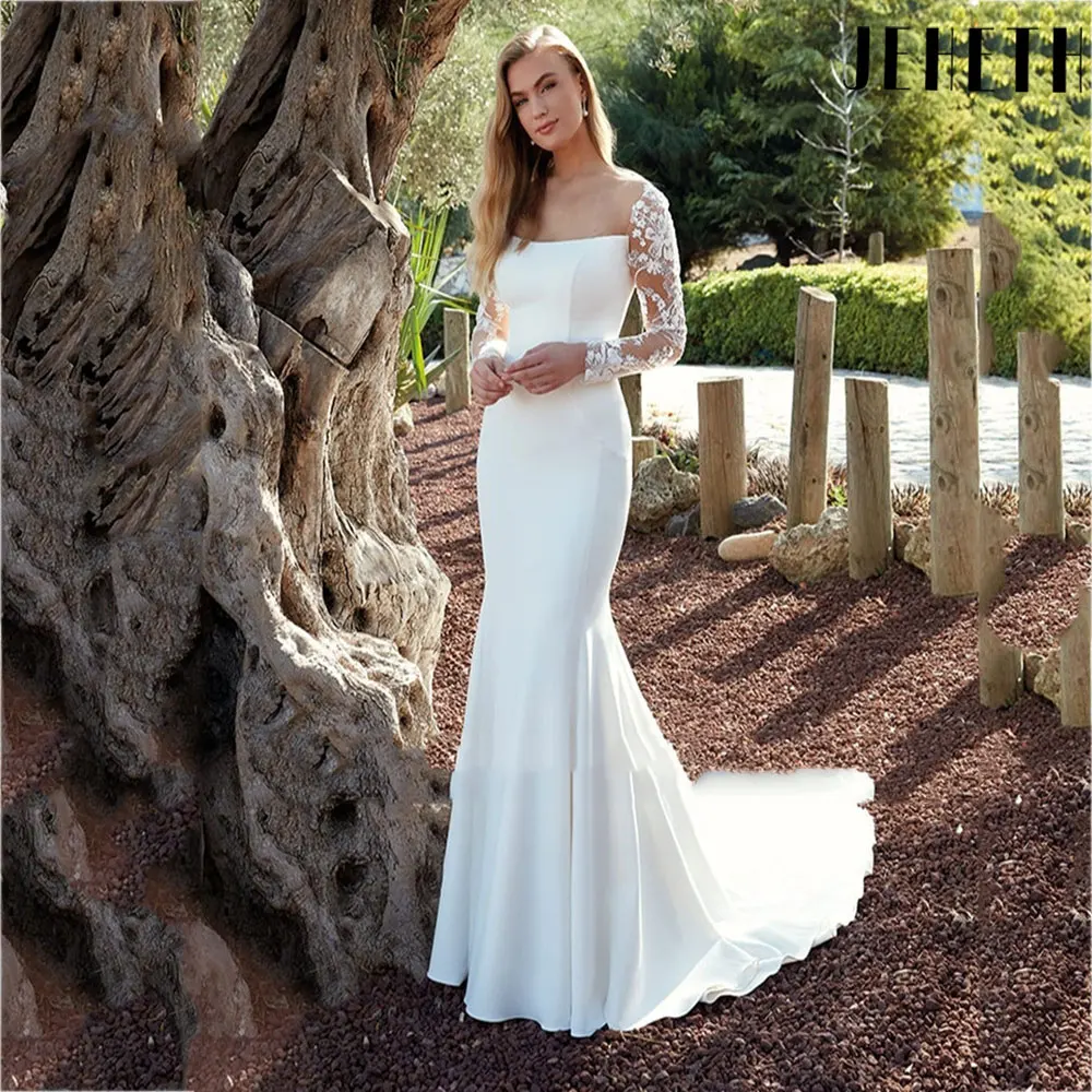 Jeheth elegante Meerjungfrau Spitze Brautkleid 2024 klassische Applikationen volle Ärmel Brautkleider Fleck zurück Knöpfe Vestidos de NoivaJEHETH Elegante Meerjungfrau Spitze Brautkleid 2024 Klassische Applikationen Vo