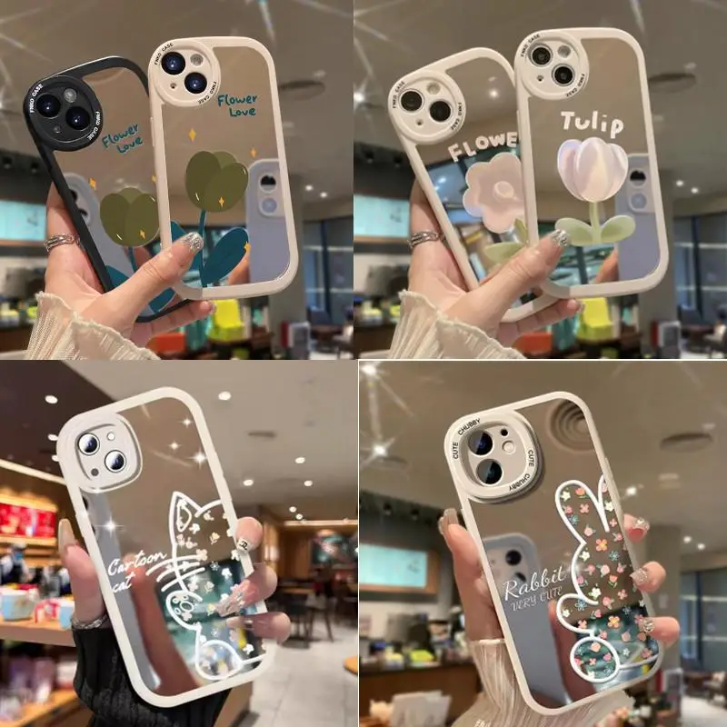 Cute Cat Rabbit Bear Mirror Make Up Case for Samsung Galaxy A04 A04E A14 A24 A71 A72 A31 S23 Ultra S20 FE S21 S22 Plus S20 Ultra