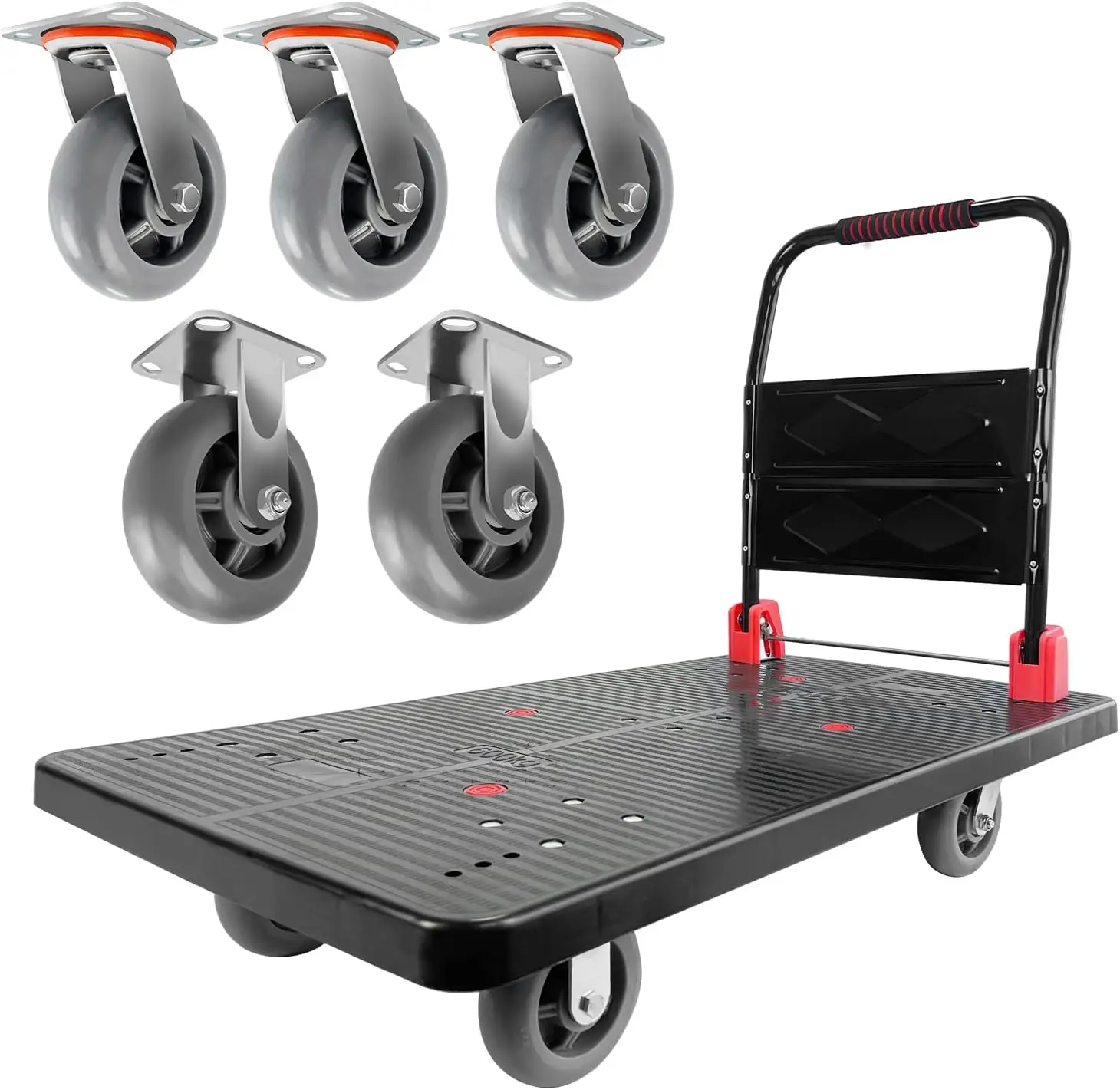 Five 360° Swivel 6'' Wheels, 1600LBS Capacity Heavy Duty Moving Platform Trucks Hand Cart