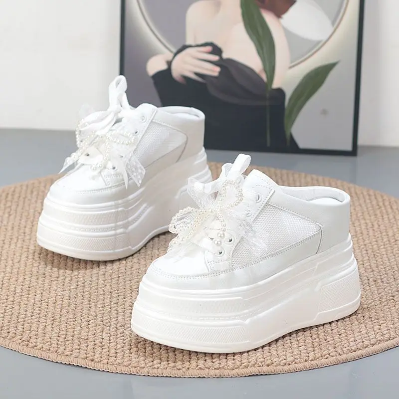 

New 12CM Air Mesh Microfiber Leather Synthetic Platform Wedge Breathable Pumps Summer Chunky Heels Mary Jane Slippers Shoes