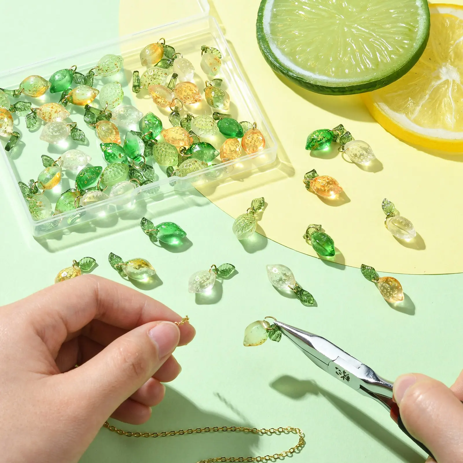 Pandahall 50Pcs 5 Colors Lampwork Fruit Charms Glass Crystal Lemon Charms Imitation Food Dangle Pendant for Jewelry Making