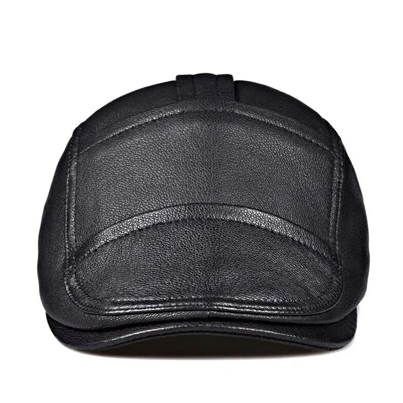 Men's Outdoor Leather Hat Winter Berets Male Warm Ear Protection Cap 100% Genuine Leather Dad Hat Duckbill Leisure  Caps for Men