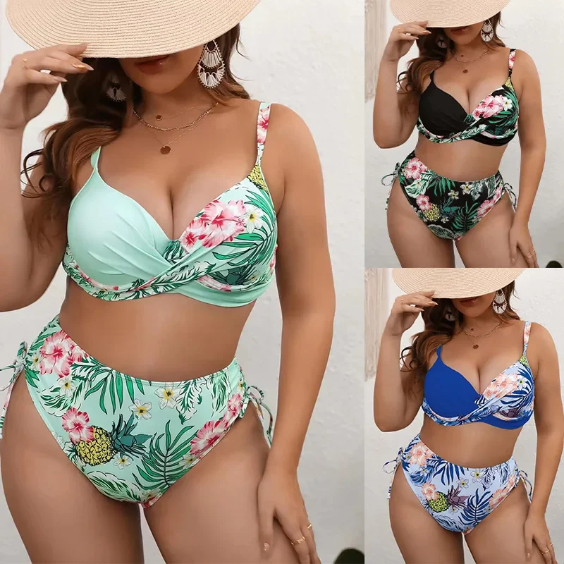 Plus Size Bikini Drawstring Floral Women Fashion Printed Beach Swimsuit High Waist Split Swimwears Female Spring Summer