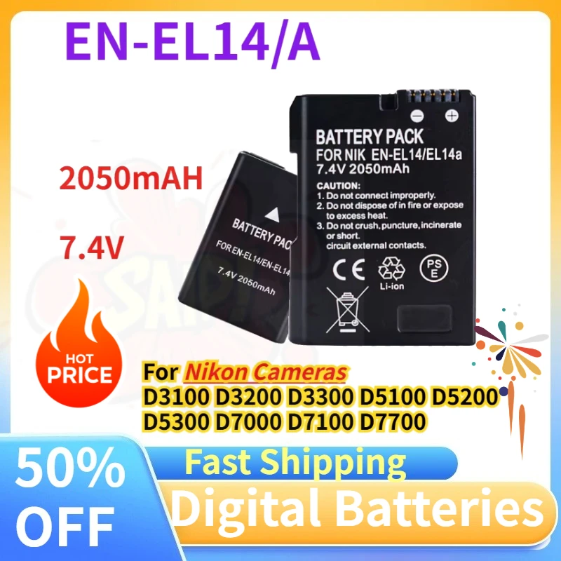 New EN-EL14/A 2050mAH 7.4V Digital Batteries Suitable for Nikon Cameras D3100 D3200 D3300 D5100 D5200 D5300 D7000 D7100 D7700