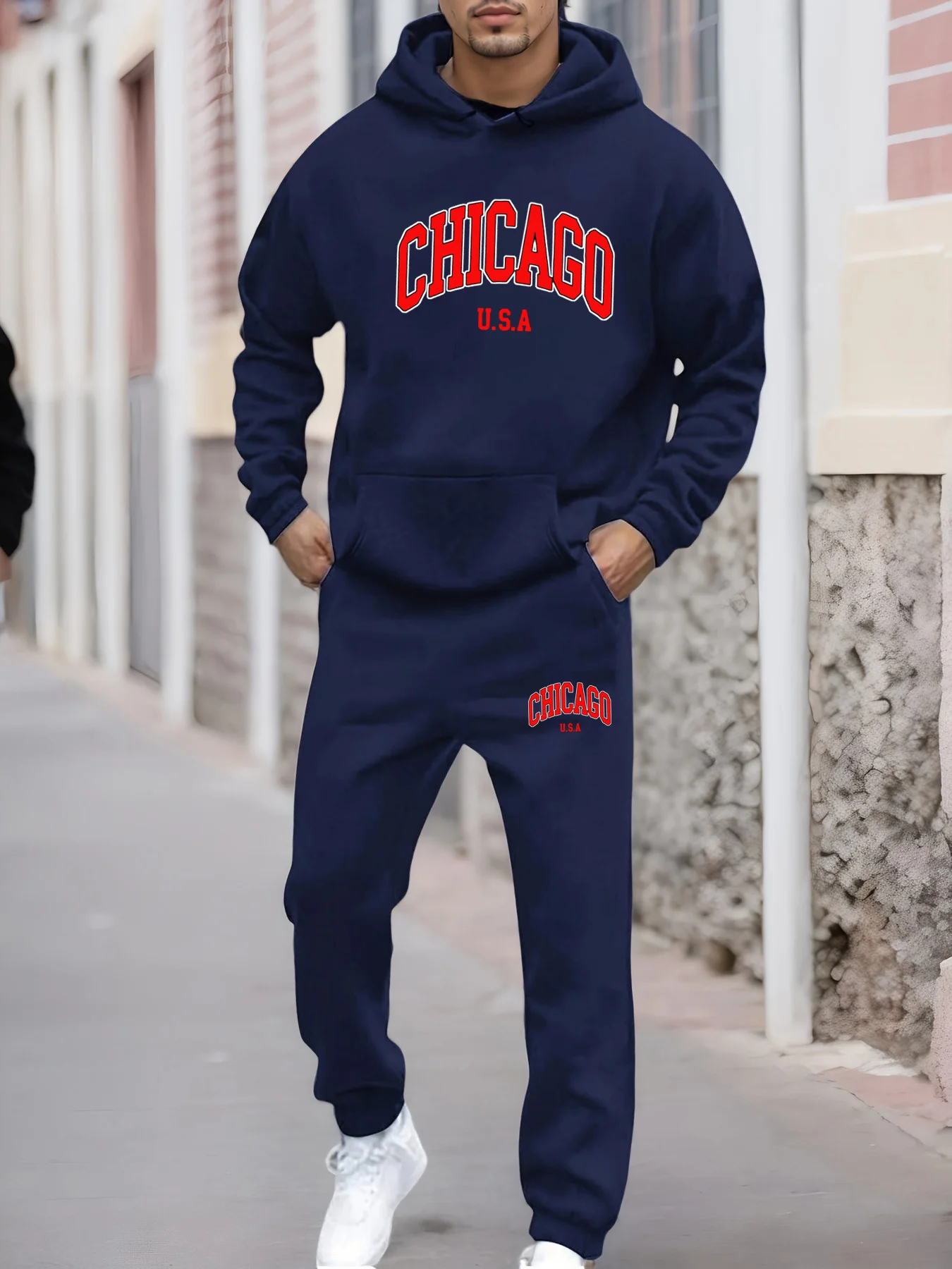 Heren herfst en winter casual mode warm CHICAGO USA patroon bedrukt los pluche dik sweatshirt met capuchon + joggingbroek set