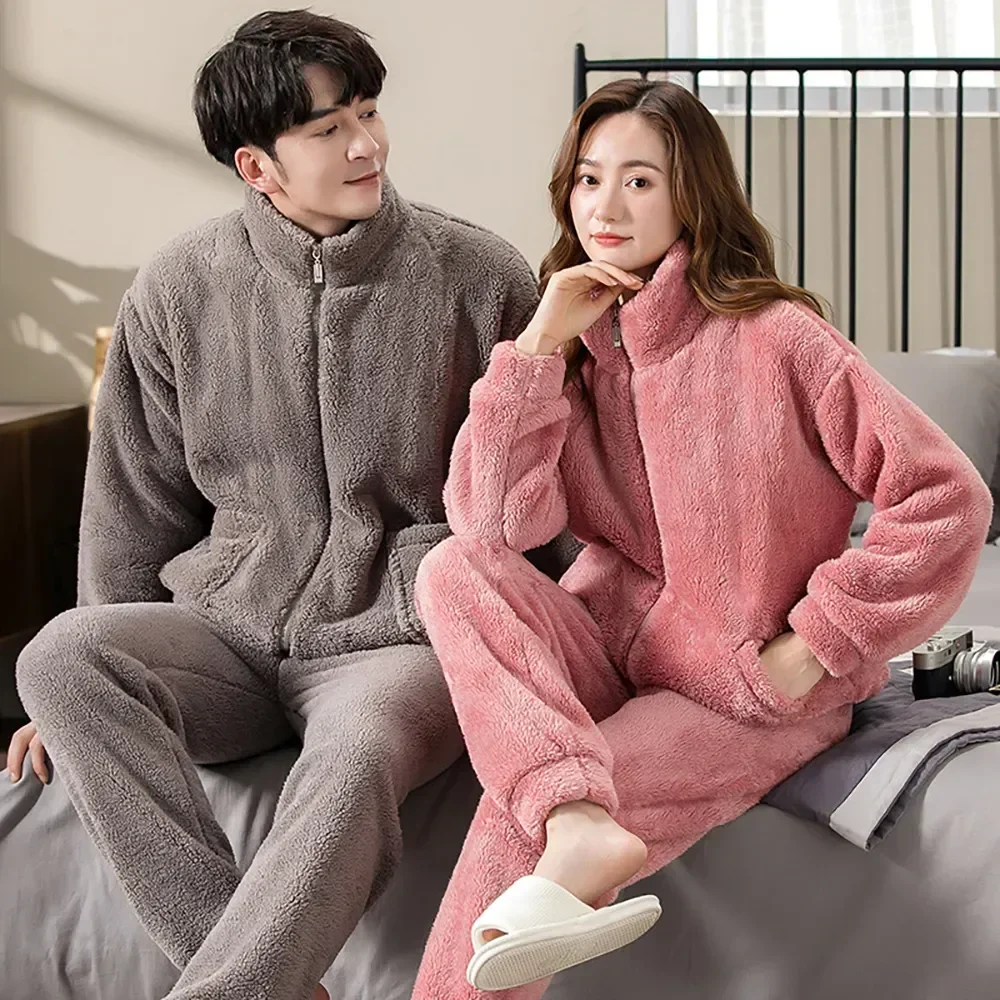 

Pijama Pajamas Winter Sleepwear Pajama Warm For Thicken Solid Fashion Hombre Zipper Flannel Sets Couples Casual Collar High Men