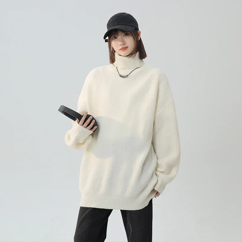 

Корейский пуловер с высоким воротником, женский осенне-зимний свободный ленивый свитер, женский однотонный вязаный пуловер, трикотаж, базовые женские топы