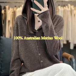 100% Australian Merino Wool Women's Seamless Hooded Sweater Cardigan Ladies' Elastic Pure Wool Sweater Cardigan Mujer LOOSE FIT