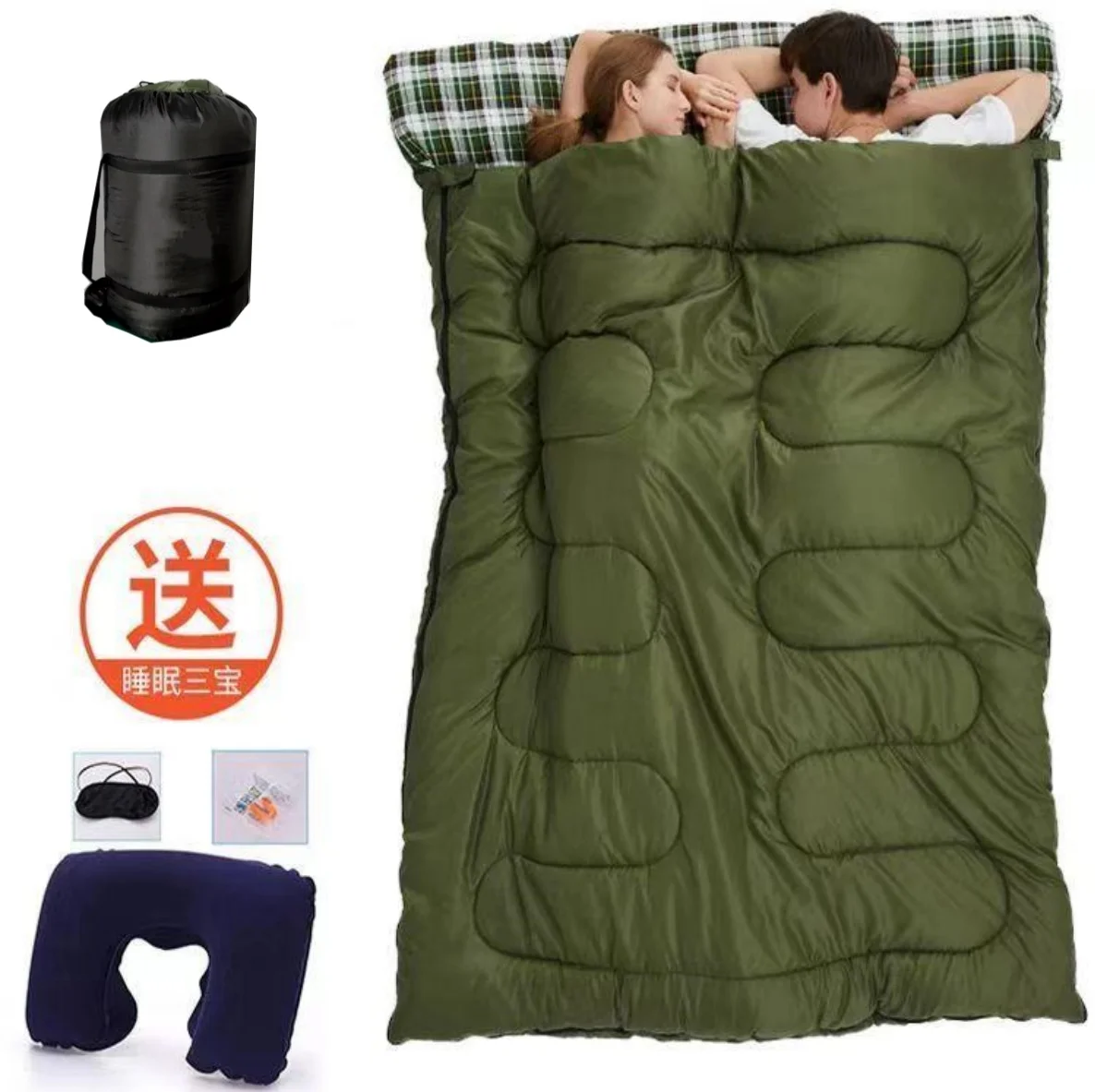 Two person warm sleeping bag for outdoor camping, hiking, sleeping bag with 2 pillows, three season warm portable sleeping bag