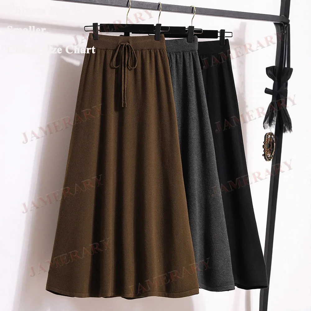 Elegant Brand Autumn Winter Pleated Long Skirts Women Knitwear Knitted Midi Skirt