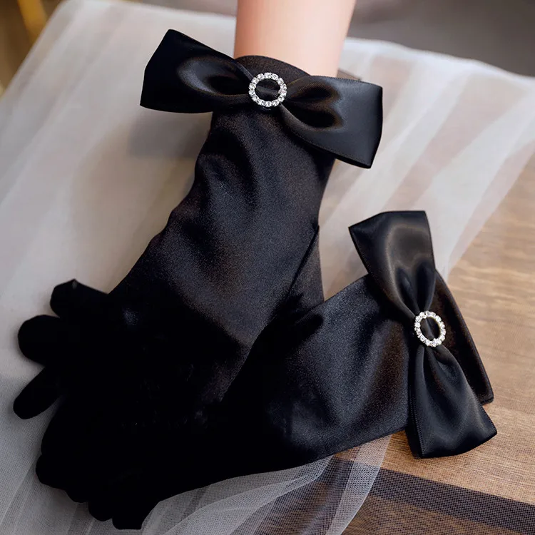 Women's Elegant Bow Black Satin Glove Female Spring Summer Vintage Sunscreen Driving Photograph Party Glove R350