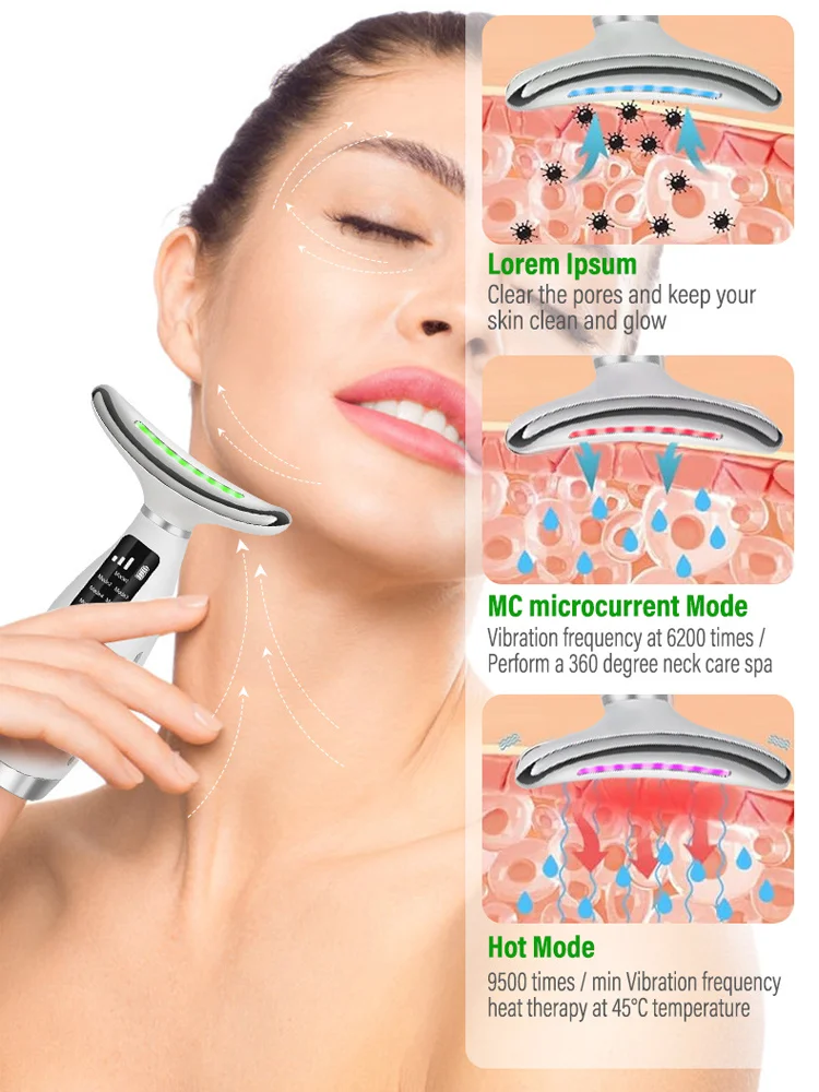 جهاز تجميل الوجه والرقبة مكركرنت 7 ألوان مدلك الوجه تكنولوجيا الاهتزاز يرفع مناطق الرقبة والكتف للوجه