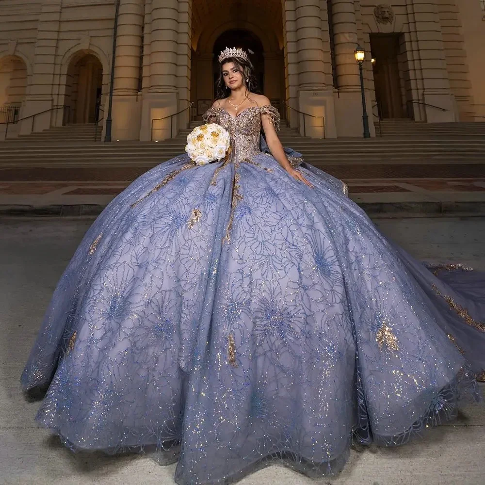 Sparkly Charro Quinceanera Dresses Ball Gown Off The Shoulder Appliques Beaded Mexican Sweet 16 Dresses 15 Anos Customized