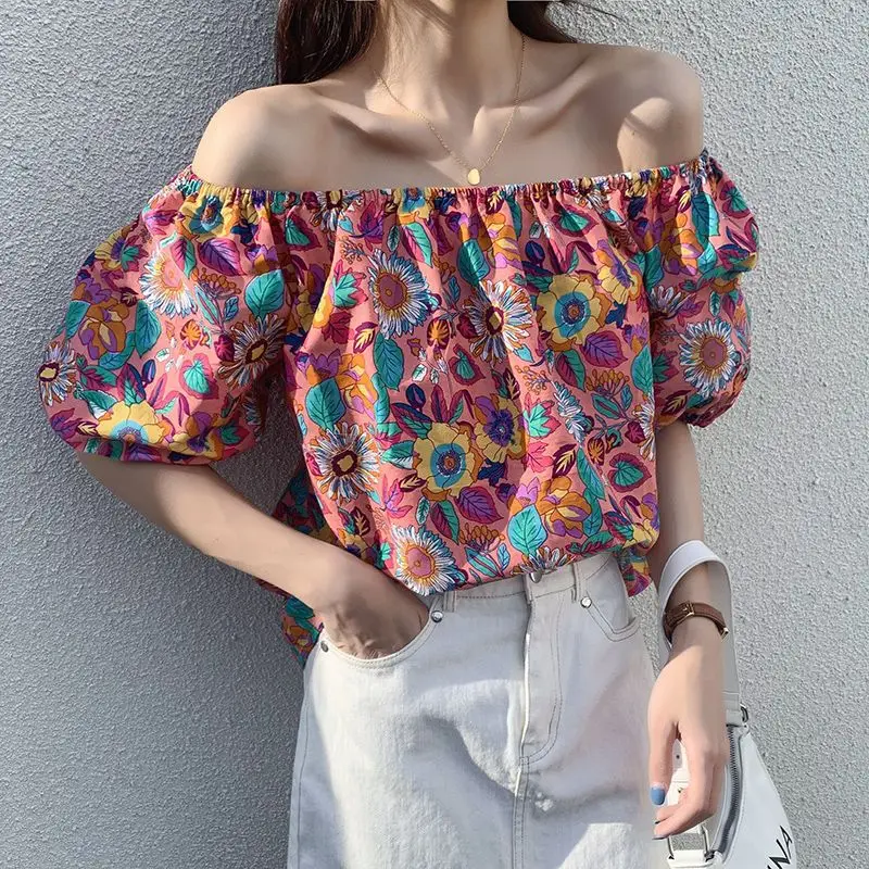 Retro Printed One-length Short-sleeved Shirt for Women in Summer 2025 New Korean Loose Top