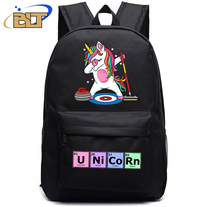 Mochila negra con estampado de unicornio para niños, bolsa escolar para estudiantes, regalo de regreso a la escuela