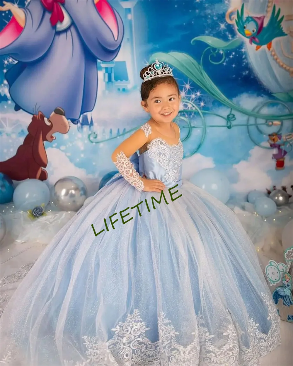 

Princess Flower Girl Dress Illusion Long Sleeve Maxi Dress Satin Sparkling Fluffy Tulle Ball Gown Communion Dress