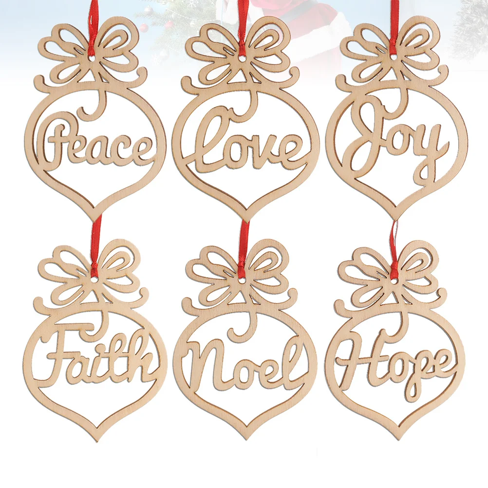 

6Pcs Wooden Christmas Pendant Peace Joy Faith Noel Shatterproof Hanging Ornament Xmas Tree Decoration Festival Party