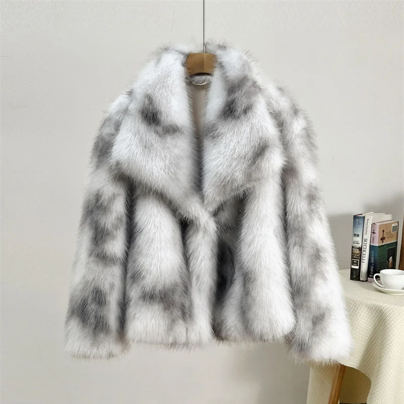 2025 Winter Fashion Faux Fur Coat Women Printed Fox Short Jacket Loose Streetwear Overcoat Collar Outerwear