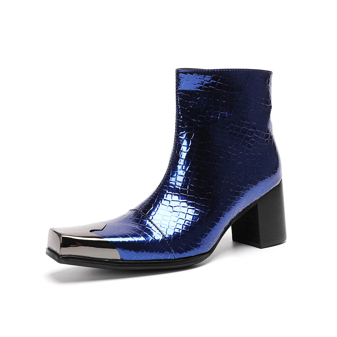 Snake Pattern Metallic Blue Men's Boots Patent Leather Metal Square Toe Block High Heels Side Zip Chelsea Boots Party Shoes