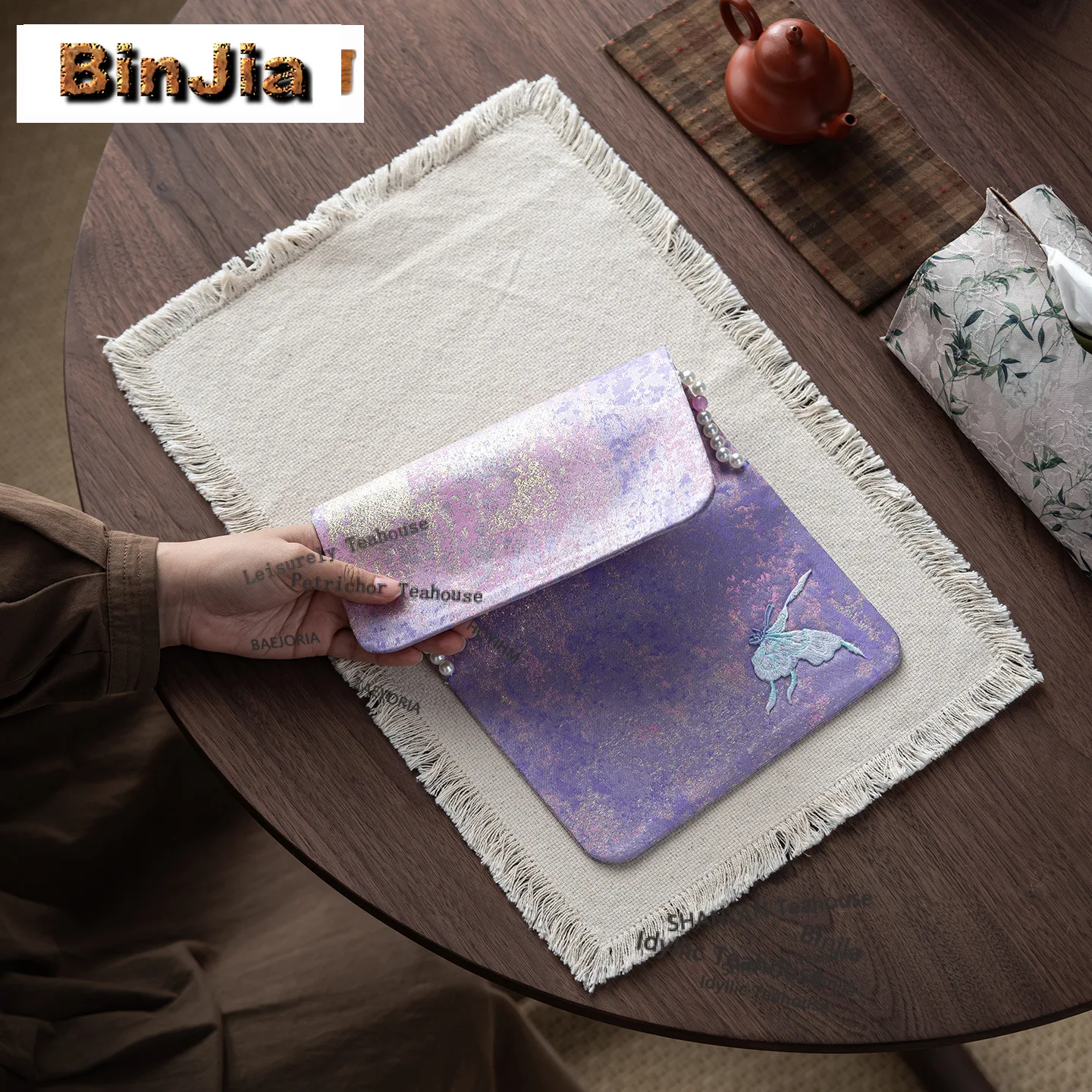 BAEJORIA Brocade Butterfly Peony Tea Table Mats Zen Absorbent Clay Tea Mat Drink Coaster Dinner Table Cloth Mat Tea Services Cha