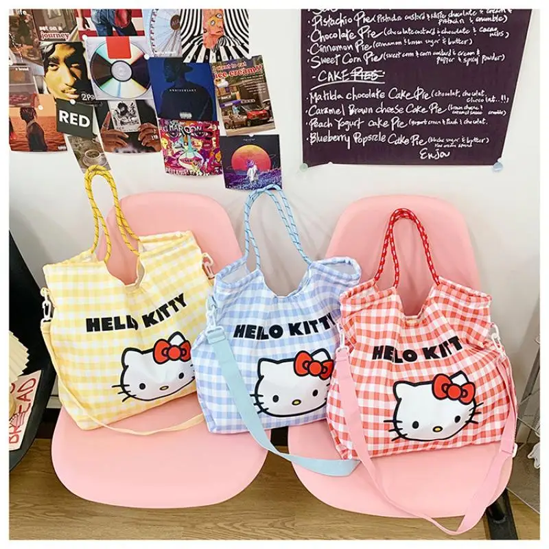 

Sanrio Single Shoulder Handbag Hello Kitty Cartoon Summer Kawaii Grid Girl High-Capacity Portable Go Out Crossbody Tote Bag New