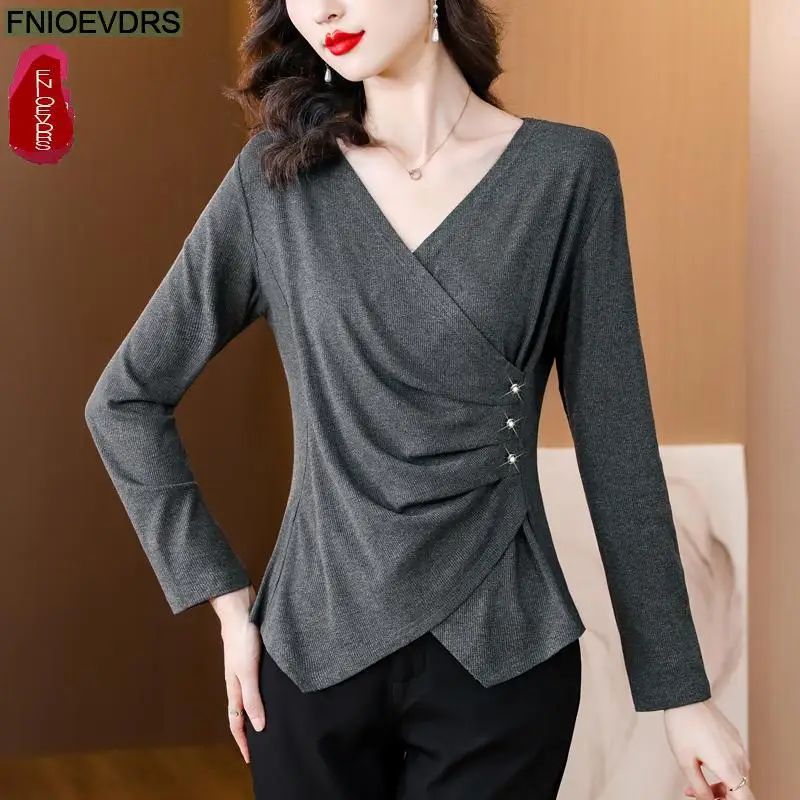 S-2XL 2023 Women Long Sleeve Elegant Office Lady Work Button Basic Shirt Casual Gray Tunic Peplum Tops Blouses