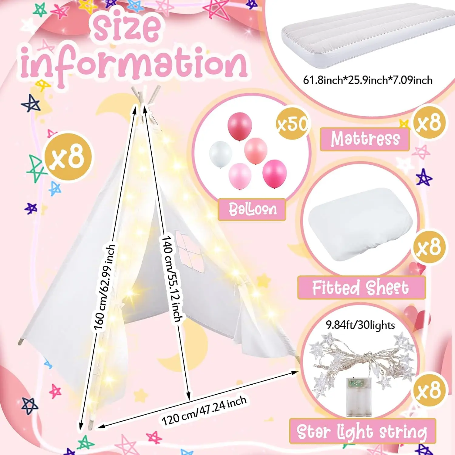 8 Pack Kids Teepee Tents for Sleepover Slumber Party,White | Party Tents Bulk with Inflatable Air Mattresses, Star Light, Balloo