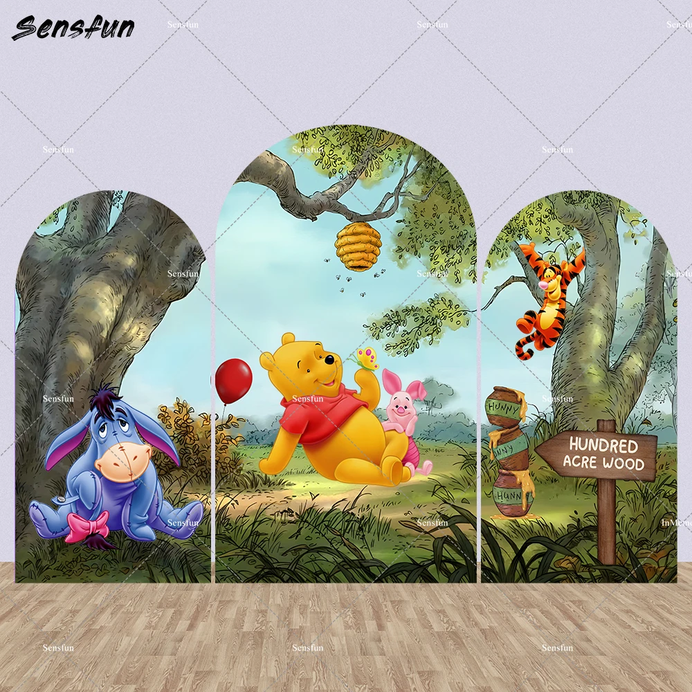 

Cartoon Winnie the Pooh Baby Shower Arch Backdrop Cover Boy 1st Birthday Arched Wall Photo Background Cake Table Banner