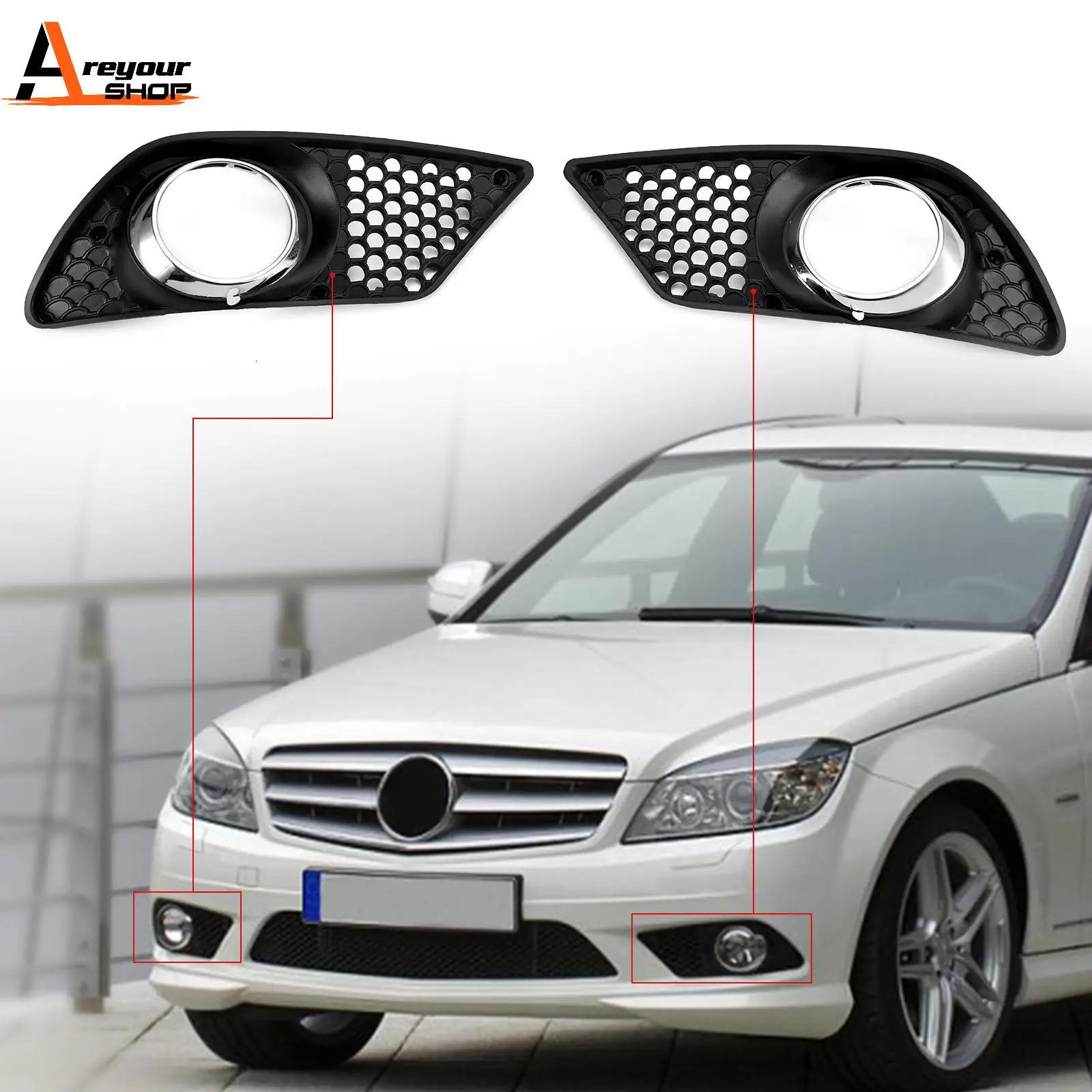 Areyourshop Pair Front Bumper Fog Light Grill Set Fit For Mercedes Benz C-Class W204 2008-2010 A2048850353 A2048850253 Car Parts