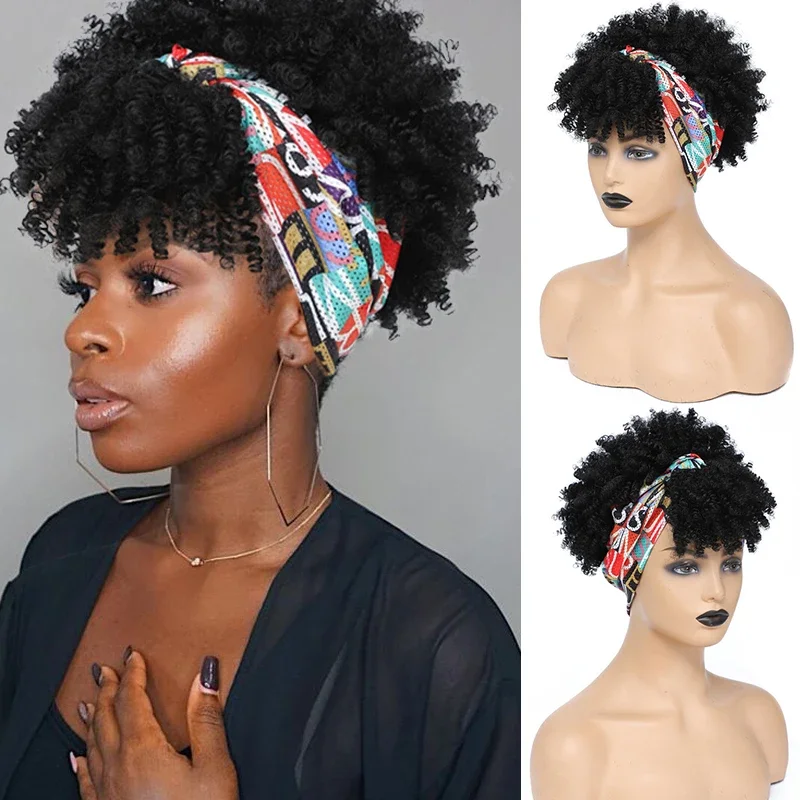 Synthetic Afro Puff Curly Headband Wig Short Kinky Curly Wigs with Headband Attached Fluffy Kinky Curly Scarf Wrap Wig Cospaly