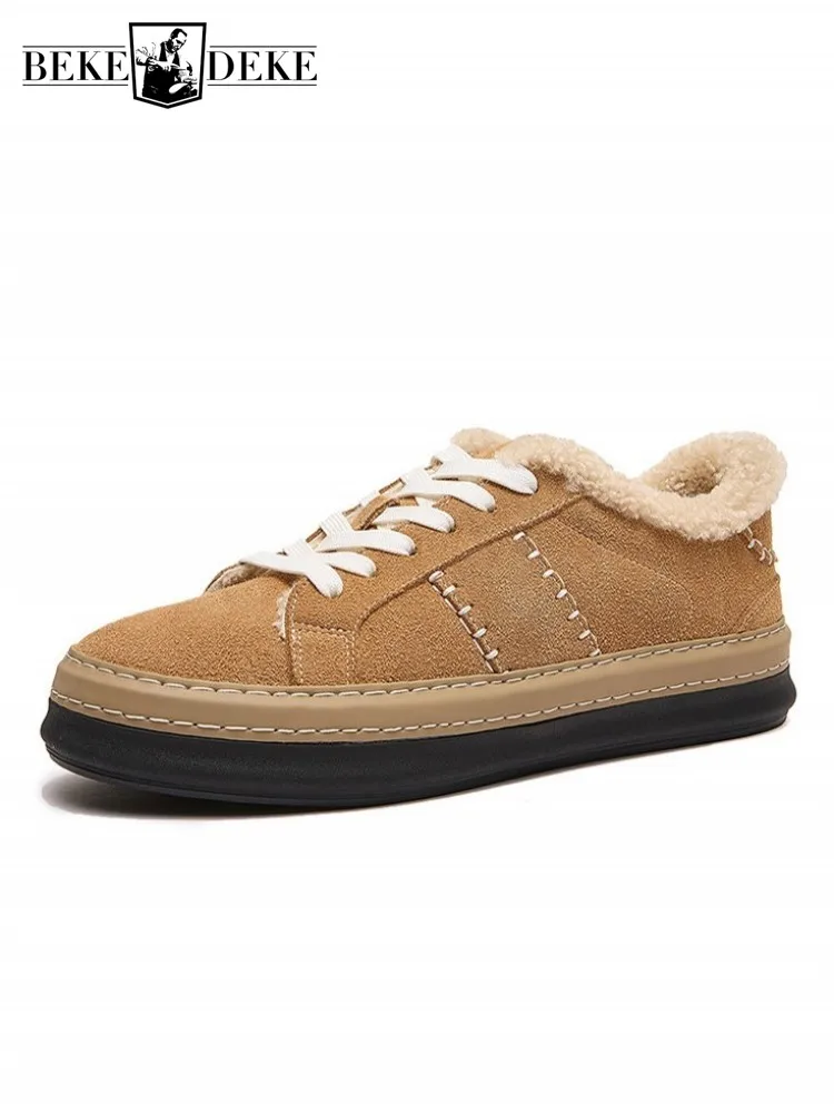 Winter Mens Footwear Genuine Leather Casual Shoes Lace Up Round Toe Warm Thicken Wool Lining Fashion Platform Flat Sneakers Male