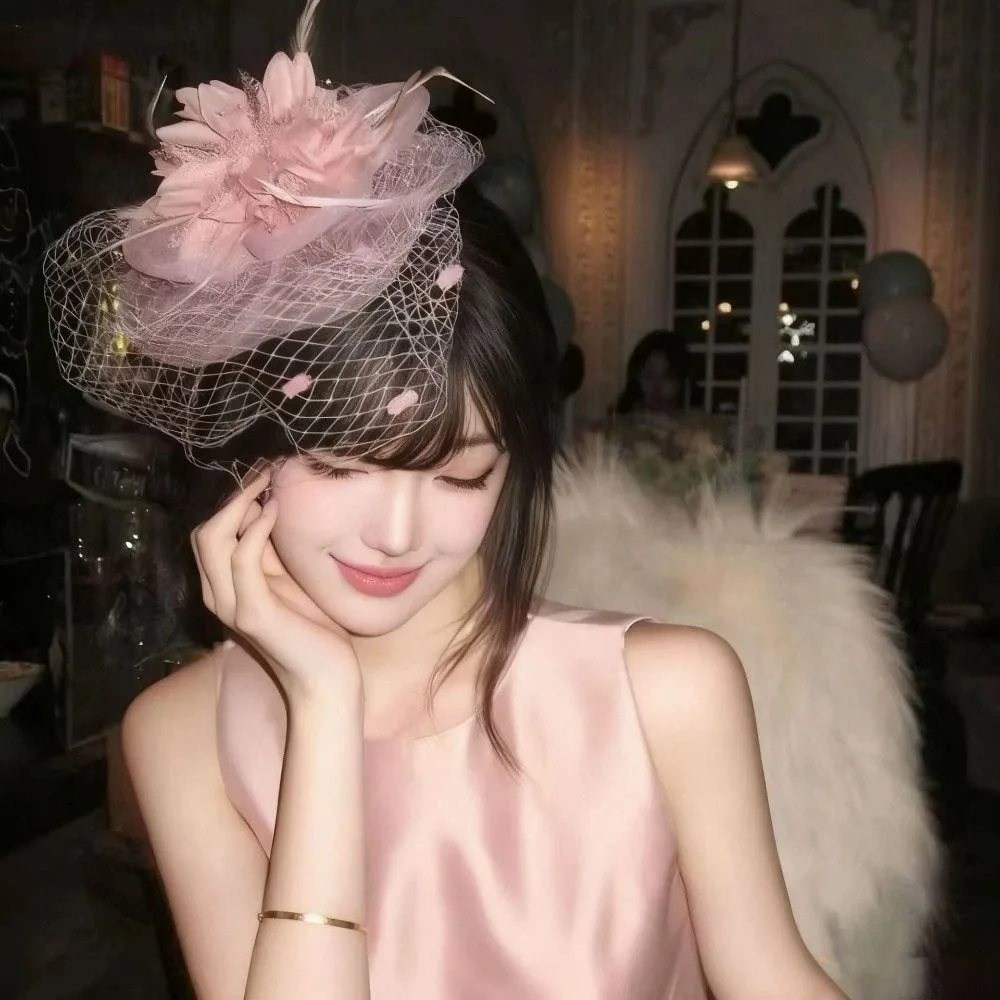 Fashion Flower Feathers Fascinator Hat Hairpin Sweet Veil Hat Headwear Exquisite Elegant Funeral Headdress Lady/Bride