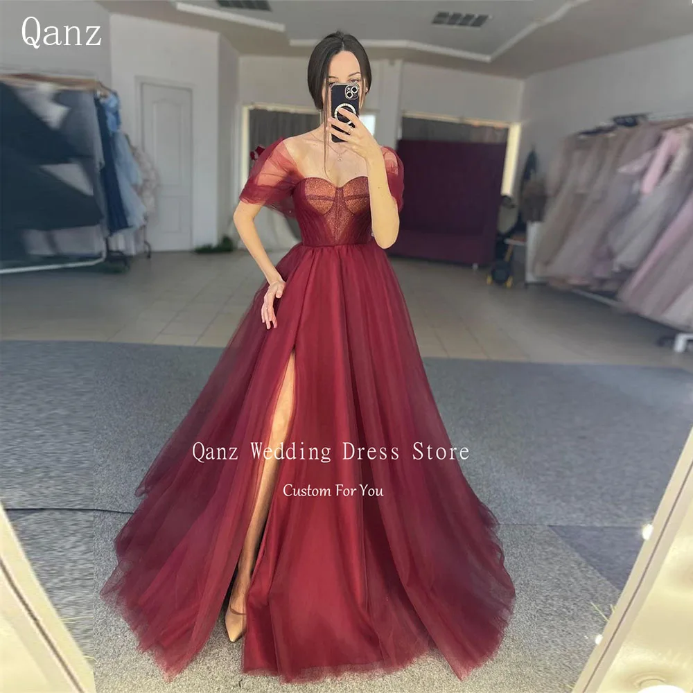 

Qanz Elegant Burgundy Evening Dresses Off the Shoulder Tulle High Slit Formal Occasion Dresses Lace Up Back Long Robe De Soirée