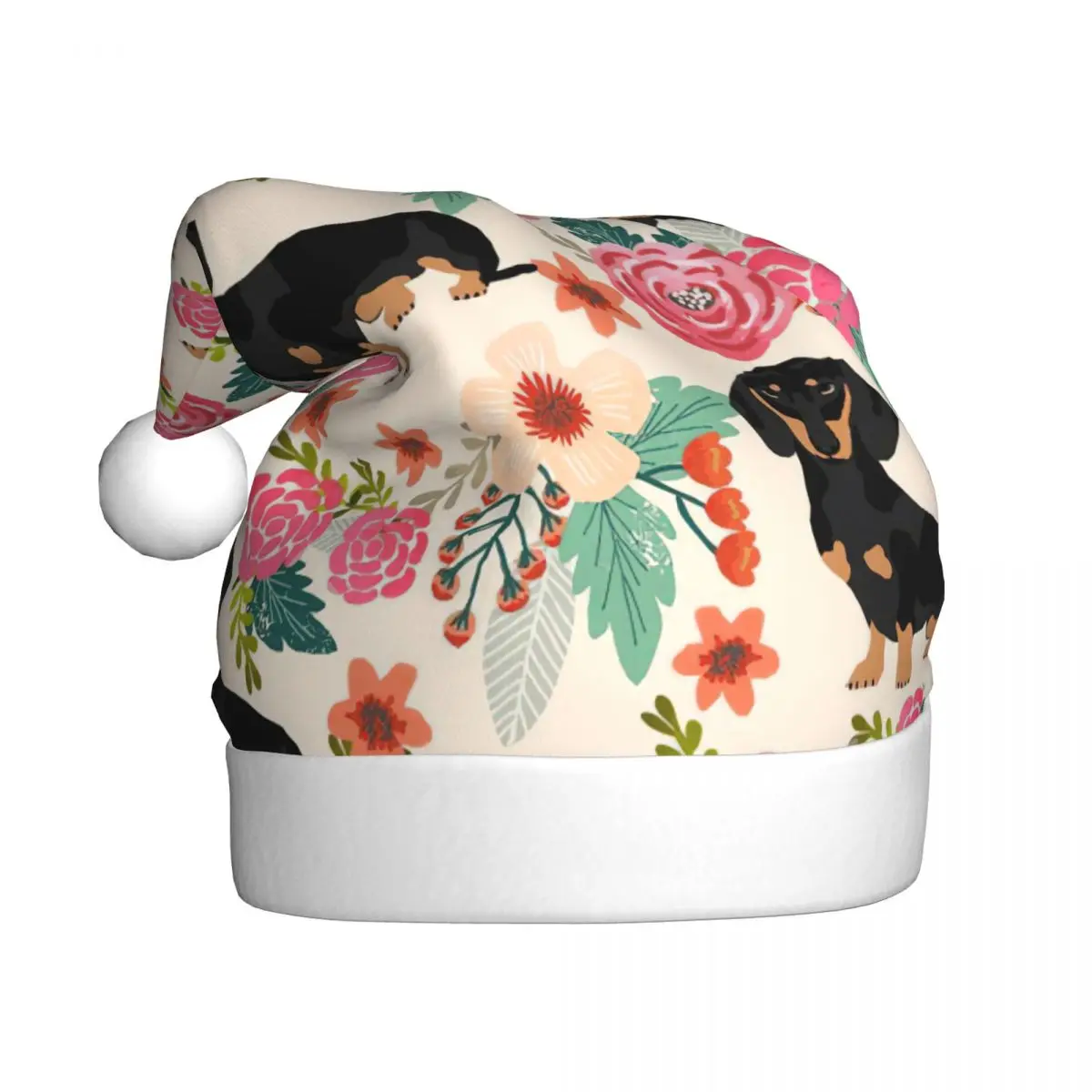 Floral Dachshund Dog Cute Cartoon Christmas Hat for Adult Men Women Animal Cartoon Santa Hat Cap Festival Decoration