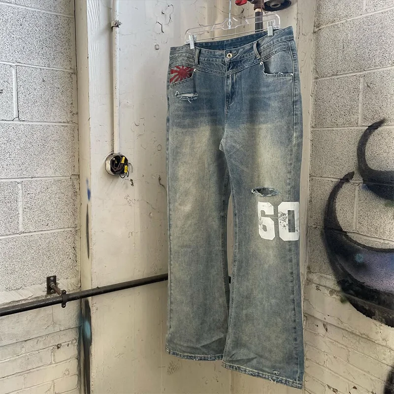 아메리칸 패션 트렌드 브랜드 게으른 바람 편지 인쇄 세련된 지퍼 청바지 Y2K 고딕 남성 여성 힙합 펑크 빈티지 streetwear