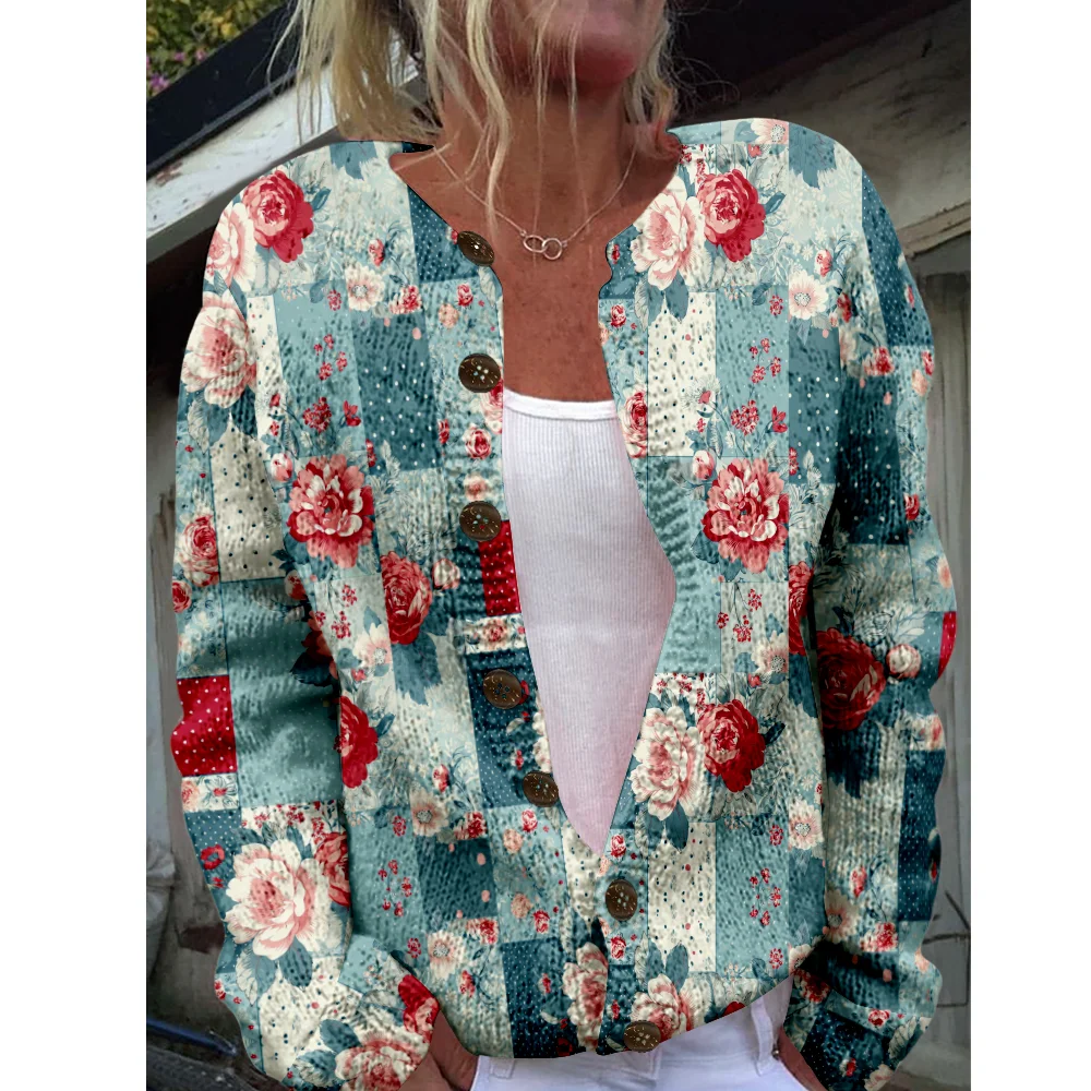 

Осень-зима вязаный клетчатый кардиган с цветочным принтом, повседневный свитер, уличная одежда, женские свитера, вязаный топ, крутые джемперы, модные