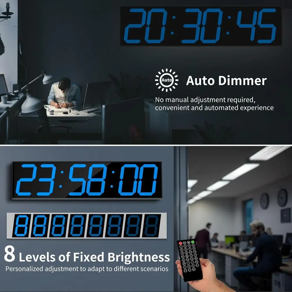 Duży cyfrowy zegar ścienny 28,4 cala z alarmem, kalendarzem, temperaturą, funkcją automatycznej synchronizacji i funkcjami timera (niebieski)