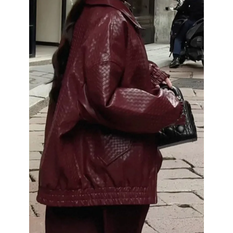 Faionable Color Zipper Leather Jaet Street Sle Retro New Model Hot S Damen Loose Fit Long Sve Collar