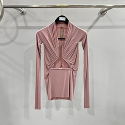 Geometric Hollow Design Women's T-Shirt Y2k Corset Stretch Slim Commuter Hundred Sleeve Long Pullover Tops 2024 Summer New