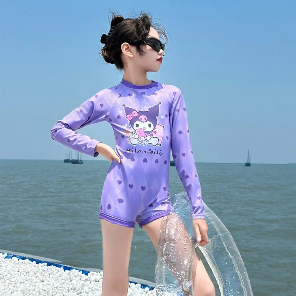 

Kawaii Sanrios, детский слитный купальник для девочек, модный профессиональный Быстросохнущий солнцезащитный купальник Kuromi с аниме, пляжная одежда, подарок