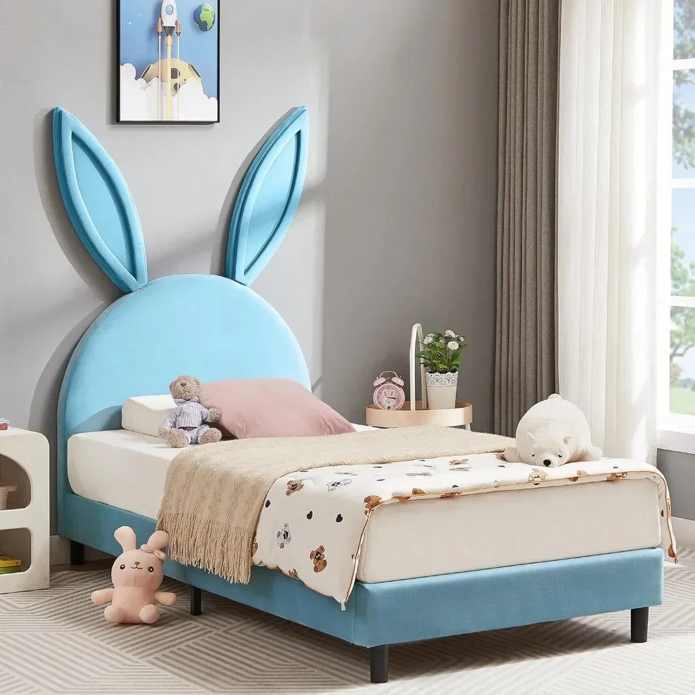 

Children's twin platform bed frame with upholstered headboard, supported by 12 wooden slats, princess bed for girls