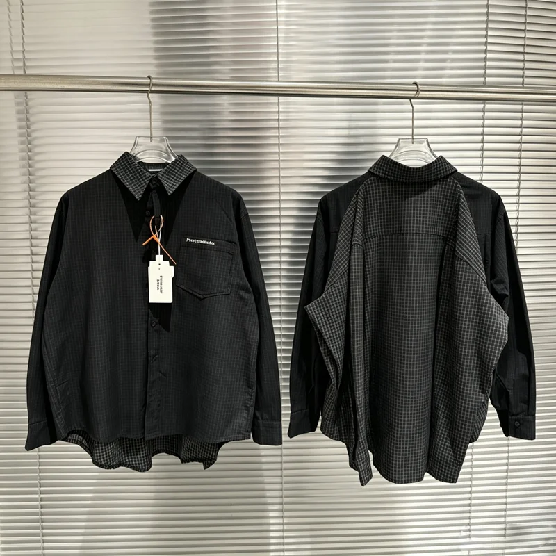 Fake Tow Pieces Protocol Index Four Sleeve Plaid Shirt Pockets Embroidery Label Men Women Casual Loose Long Sleeve Shirt Clothes
