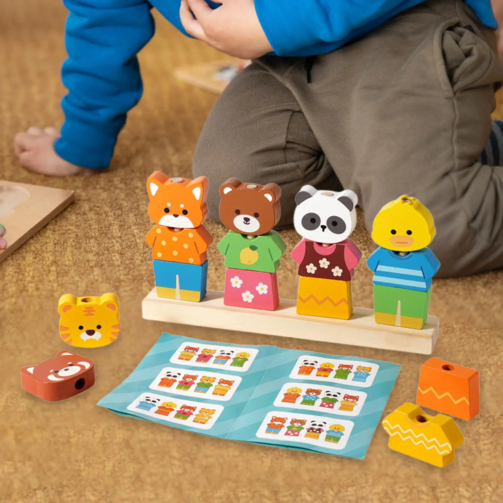 Matching Shape Stacker, Stacking Blocks Wooden Beads Sequencing Toy Set for Travel Boys Girls