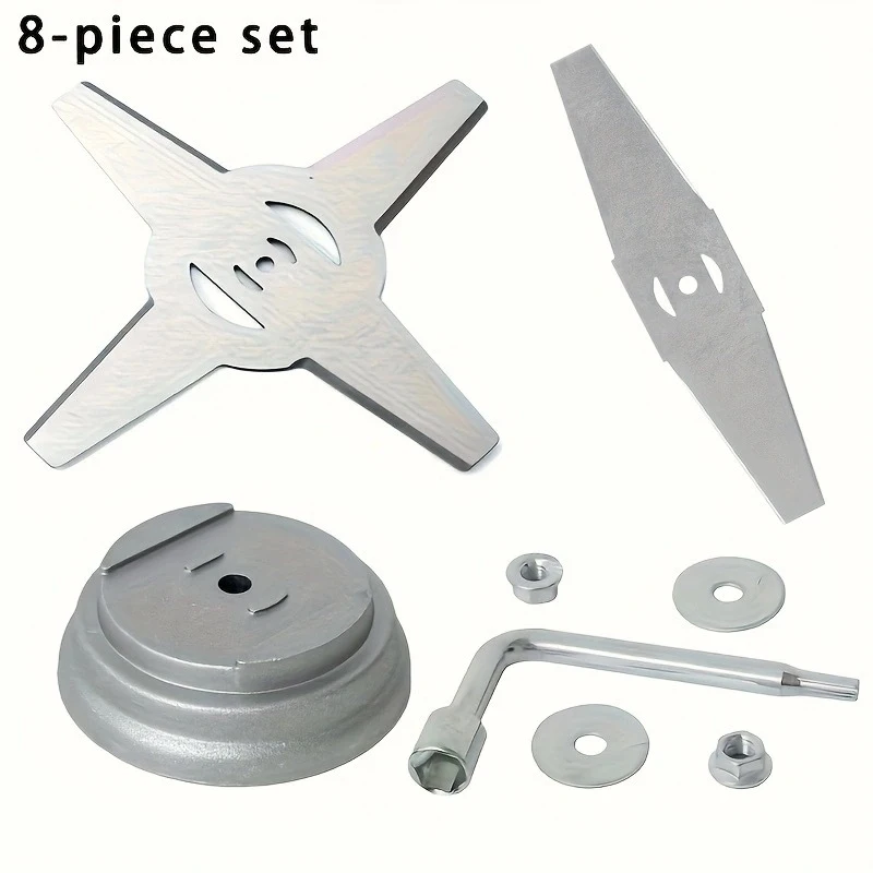 8 Pcs Lawn Mower Blade Kit, 4-Tooth Rhombus Cutting Disc, Nuts Gaskets Wrench Accessory Set Cordless Weeder