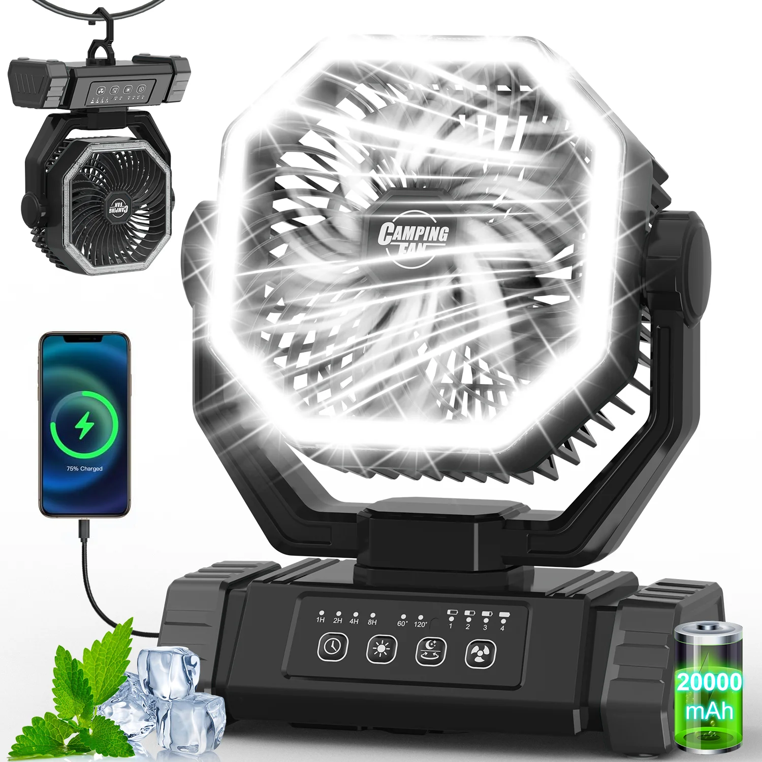 Portable Fan Rechargeable Battery Powered Fan,20000mAh Cordless Battery Operated Camping Fans with LED Light & Hook,USB Personal Fans Outdoor Camping Essentials Beach Tent for Travel Reading
