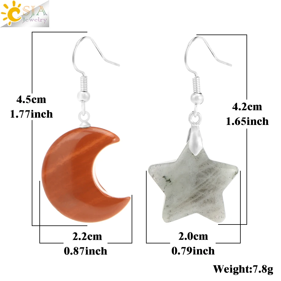 CSJA Natural Stone Crescent Moon Drop Earrings Women Healing Star Pendant Pink Quartz Crystal Hook Earring Vintage Jewelry H388