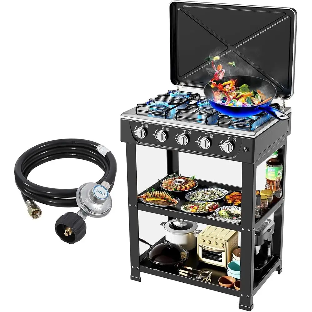 

Portable 5-Burner Propane Stove with Auto Ignition, Wind Guard, and Support Stand for Outdoor, RV, and Apartment Cooking