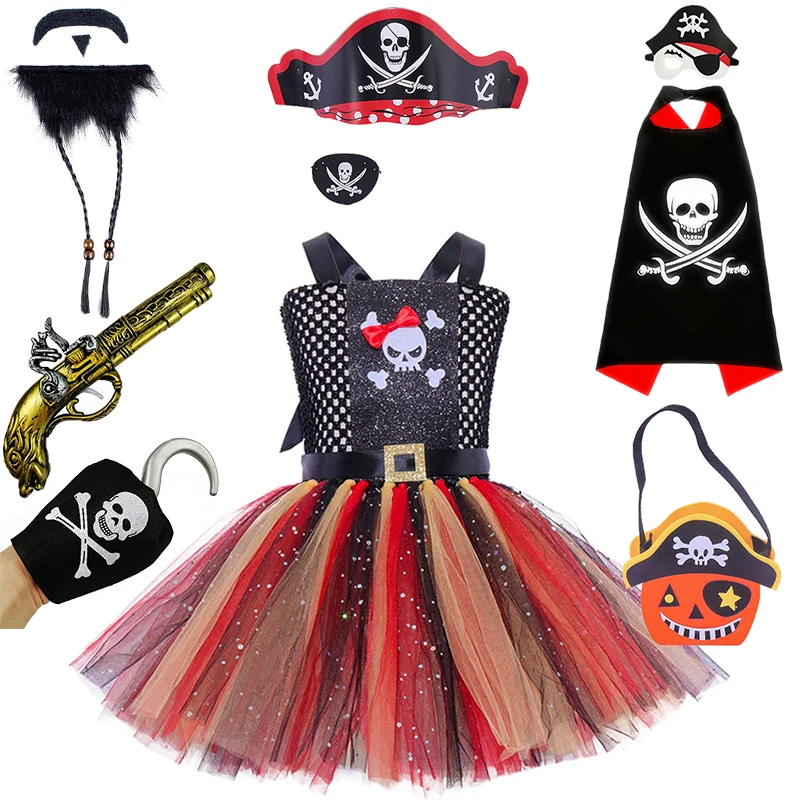 Children's Halloween Cosplay Pirate Captain Costume Carnival Kids Party Girl Skull Print Masquerade Tutu Dress Infants Ball Gown